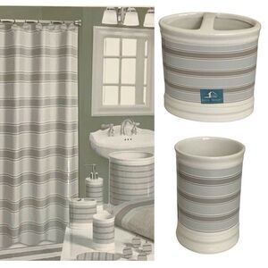 Striped Fabric Shower Curtain Ceramic Accessories 3 Pieces White Grey Tan Khaki